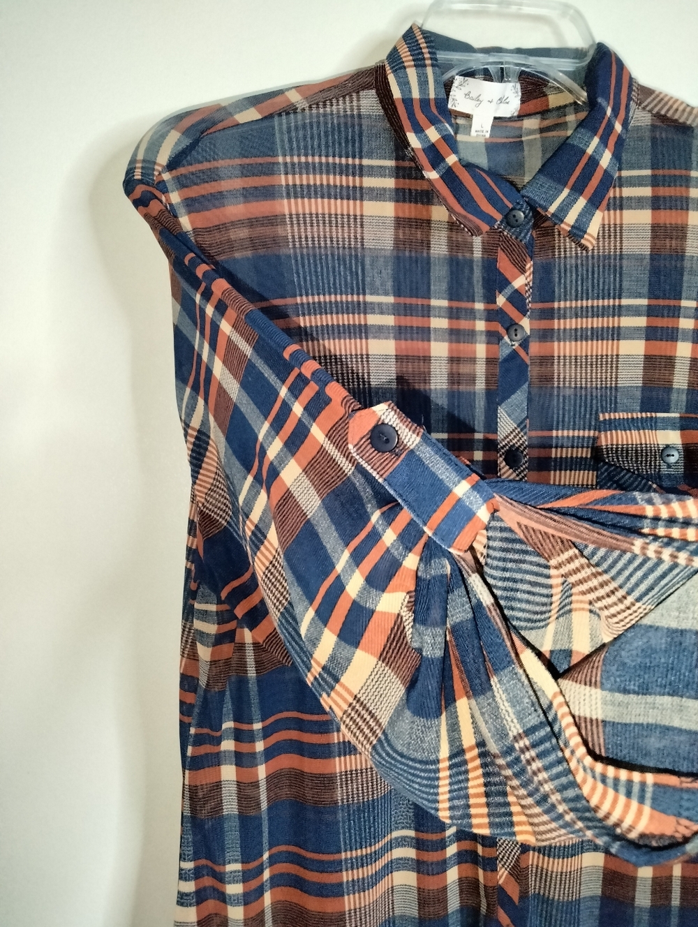 Bailey & Chloe (Sz L) Blue & Brown Plaid Semi-sheer Button Roll Tab Sleev3 Shirt - Picture 6 of 13